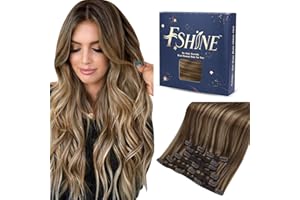 ‎FSHINE Fshine Echthaar Extensions Clip 50cm 120g Clip in Extensions Echthaar Remy Doppelt Tressen Clip in Human Hair Extensions Mittelbraun und Karamellblond Highlights 7pcs #4P27