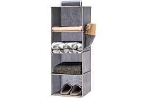 YOUDENOVA Hanging Closet Storage Organizers 4 Shelves Wardrobe Storage Hanging Shelves With Side Pockets Clothes Organiser Bedroom Storage Grey