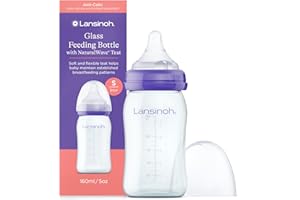 Lansinoh Glass Baby Bottle + NaturalWave™ Slow Flow Teat with Anti Colic Air Vent - 160ml - BPA & BPS-Free - Breastfeeding Bottle Feeding: Clinically Proven to Reduce Nipple Confusion