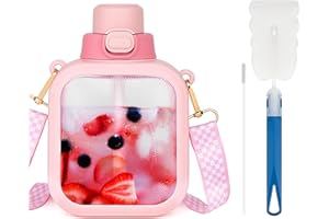 Adorila Square Water Bottle with Straw, Travel Transparent Canteen with Adjustable Strap, Leakproof Water Cup for Office School (Pink, 700ml)