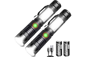 REHKITTZ Torch LED 2000 Lumen Super Bright,2500 mAh High Capacity Rechargeable Pocket Size Torches with Magnet and COB Work Light,Powerful Flashlight for Hiking, Camping, and Walking(2 Pack)