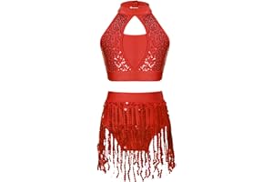 TiaoBug Vestito da Ballo Latino Americano Bambina con Paillettes Leotards da Ginnastica Abito da Pattinaggio Artistico Body da Danza Classica Moderna con Frange di Paillettes