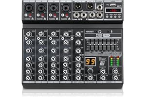 XTUGA PR6X Console de mixage audio professionnelle 6 canaux avec 99 effets DSP, égaliseur 7 bandes, alimentation fantôme 48V indépendante, bouton de coupure du son, fonction Bluetooth, scène DJ