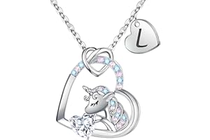 TINGN Einhorn Kette für Mädchen Geschenke - CZ Einhorn Anhänger Kette für Mädchen Herz Einhorn Kette Kinder Einhorn Halskette mit Buchstaben Kinder Schmuck Mädchen Geburtstagsgeschenk für Mädchen