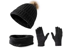 Embouro Damen 3-in-1-Pom-Pom Beanie-Schal-Handschuh-Set, Winterset für kaltes Wetter für Frauen mit abnehmbaren Pom-Poms