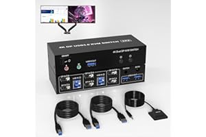 ARLEEDYN DP Dual Monitor KVM Switch DisplayPort 4K - DP KVM Switch for 2 Computers Share 2 Monitors and 3 USB 3.0 Ports/Audio/Mic, 4K DisplayPort Switch 2 in 2 Out