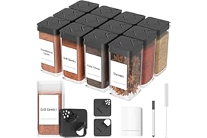 Homhut Set Barattoli Spezie - 12 Contenitori in Plastica Robusta da 120ml Con Coperchio Girevole, Include 36 Etichette, 1 Spazzole - Ideali per Sale Zucchero Caffè