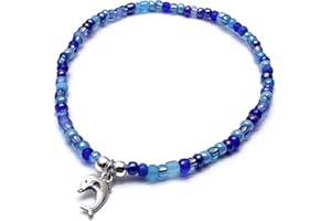 VILDA JEWELLERY Dolphin Charm Beaded Anklet, Blue Glass Seed Bead Mix with Silver Tone Charm : Size M/L 10 inches, Beach Boho Ocean Lover Jewellery for Women