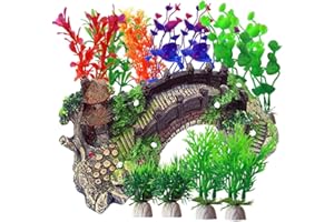 Kingrun Plantas Artificiales Acuario, 12 Piezas Plantas Verdes de Acuario de Plástico, Decoración de Resina, Acuarios Puente Decorativo Ornamento Paisaje para Decoración de Acuarios y Peceras