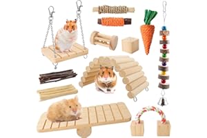 Pethee 12PCS Hamster Chew Toys Set,Small Animal Molar Wooden Toys,Boredom Breakers Cage Accessories, Dumbbell Bridge Swing Seesaw Apple Wood Ladder Bell for Rat Guinea Pig Chinchilla Gerbils Rabbit