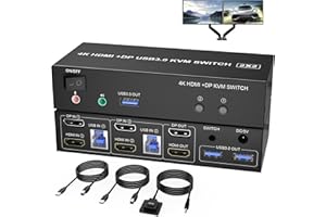 RYTAKI PRO USB 3.0 KVM Switch 2 Monitores Displayport + HDMI 4K a 60 Hz Conmutador Dual Monitor con Salida de Micrófono de Audio y 3 Puertos USB 3.0, Conmutador de Ratón, Teclado y Monitor de PC