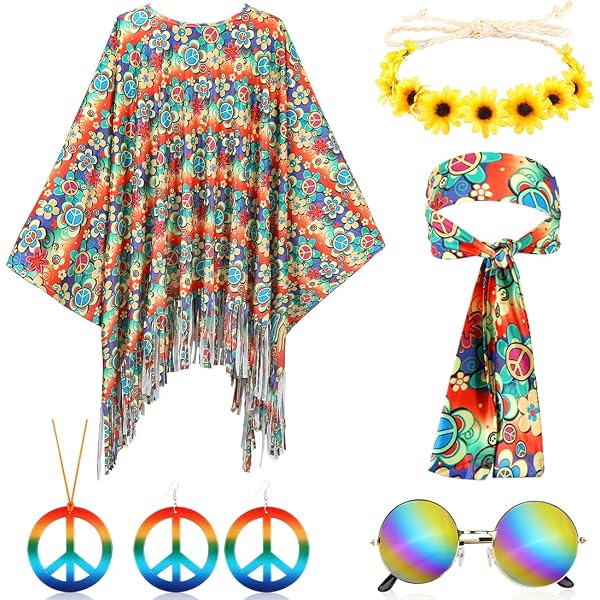 GTJEOI Disfraz Hippie Disfraces para Mujer, Hippie Costume Set, Accesorios Hippi Poncho, Diadema, Corona de Flores, Collar, Pendientes, Gafas Vintage, Señoras 70s Ropa Disfraz de Carnaval GTJEOI Disfraz Hippie Disfraces para Mujer, Hippie Costume Set, Accesorios Hippi Poncho, Diadema, Corona de Flores, Collar, Pendientes, Gafas Vintage, Señoras 70s Ropa Disfraz de Carnaval
