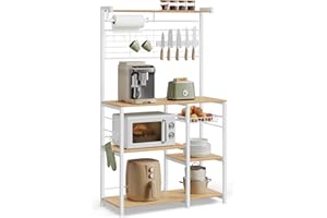 VASAGLE Estantería de Cocina, Soporte para Panadería, Isla de Cocina con Tira Magnética de Cuchillo, Cesta de Alambre, Soporte de Papel de Cocina, 12 Ganchos, Roble Dorado y Blanco KKS026Y09