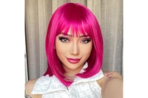 YEESHEDO Damen Feuer Rosa Kurze Bob Gerade Hot Pink Haar Perücken mit Pony Hitzebeständige Synthetische Bunte Perücke für Frauen für Tägliche Party Cosplay Kostüme