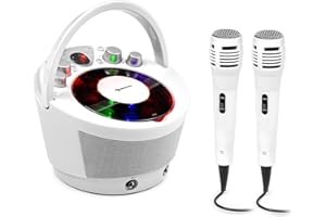 auna SingSing BT - Impianto Karaoke Portatile, Lettore CD con Display LED ed Effetti Luminosi, Bluetooth, Effetto Eco, Alimentazione a Batteria, 2 Microfoni Dinamici, Bianco