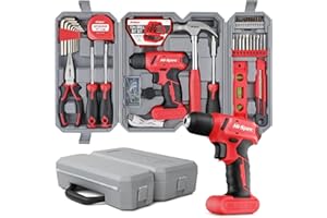 Hi-Spec 58pc Taladro Atornillador 8V USB Rojo con Juego de Herramientas para Bricolaje. Destornilladores, Brocas, Alicates y Martillo, todo en un Maletín Práctico para el Hogar