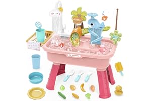 Genérico Mesa De Agua para Niños, Juegos De Agua para Niños Exterior, Mesa Sensorial, 4 En 1 Fregadero Juguete con Grifo Eléctrico, Juego De Educativo, Incluye Verduras Juguete, Cubiertos Juego Pesca
