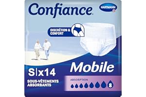 Confiance Mobile - Slips Absorbants pour Hommes et Femmes - Niveau d'Absorption- 8 gouttes (Fuites Urinaires Moyennes) - Discrets et efficaces - pH Neutre à la Peau - Taille S - 14 Unités