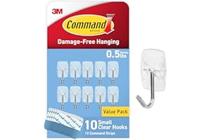 3M Command CL067-10NA Alambre pequeño de plástico, 10 ganchos, 12 tiras, embalaje fácil de abrir, organizar sin daños, transparente, plateado