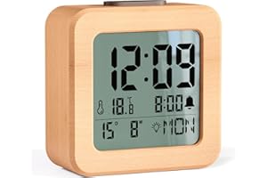 HERMIC Alarm Clock, Wooden Digital Alarm Clock Bedside Battery Powered with Temperature, Date, LCD Backlit, Light Sensor, Snooze, 12/24H, Loud Clock for Heavy Sleepers【3 AAA Battery Included】