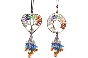 PEILI 7 Chakras Steine Heilkristall-Dekor Baum des Lebens Auto-Hängezubehör, Meditations-Ornamente viel Glück Heimdekoration Partydekoration (Round+Heart)