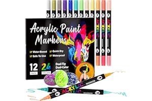 TrendGate 24 Colori 12 pezzi Pennarelli Acrilici per Dipingere Sassi, Pennarelli Acrilici Doppia Punta, Pennarelli Acrilici Punta Fine per Tessuti, Ceramica, Legno, Pietra, Vetro, Plastica, Metallo