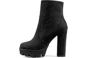 NobleOnly Mujer Chunky Ancho Alto High Plataforma Heel Redonda Punta Botines Cremallera Fiesta Clásico Botas