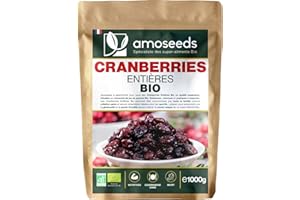 AMOSEEDS Cranberries Entières Bio 1KG | Sans sucre ajouté, naturellement sucrées au jus de pomme | Qualité Supérieure
