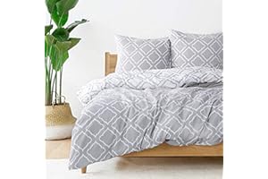 Bedsure Pościel 200 x 220 cm, 3-częściowy komplet pościeli 200 x 220 cm, z mikrofibry z 2 poszewkami na poduszki 80 x 80 cm, Öko-Tex, komplet pościeli, wzór szary, kratka na łóżko podwójne z zamkiem błyskawicznym