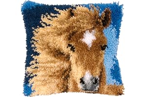 DATOU Latch Hook Kit Knüpfkissen Kissenbezüge Dekokissen Kissenhülle Set Kissen Fall Mit Tierdruck Auf Leinwand Stickset Für Zum Selber Knüpfen Kissen Für Erwachsene Ki(Size:42cm/16.5in,Color:Pferd)