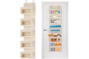 MATIVE Over Door Storage Organiser, 5 Pockets Fabric Foldable Door Hanging Storage with Transparent Window, Back of Door Storage for Toys, Magazines, Kitchen Utensils (Beige)