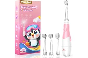 DADA-TECH Spazzolino Elettrico Bambini 1-2-3 Anni Spazzolino Bimba Bambino Neonato 12 Mesi Neonati Con Timer Luci LED E 4 Testine Morbide (Rosa)