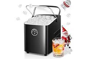 FOHERE Eiswürfelmaschine 14kg 24 Stunden, Eiswürfel in 5 Min, 2 Größen von Bullet Ice, Selbstreinigender Eiswürfelbereiter mit Griff, Eisschaufel u. Korb, Ice Maker für Party Büro RV (Tiefschwarz)