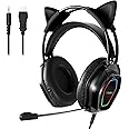Wantek Cute Cat-Ear Gaming Headset - 50mm Drivers, Noise-Cancelling Mic, 3.5mm Wired Stylish & Lightweight Design (Black)