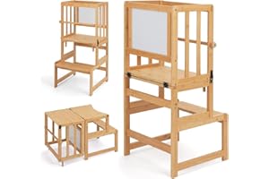 COSYLAND Torre de Aprendizaje de 3 en 1 Bambú para niños - Convertible en Escritorio Infantil y con Pizarra para Dibujar - Niños de 18 Meses a 6 Años para Cocina - Natural Clásico