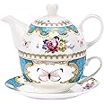 fanquare Vintage Rose Flowers Tea for One Set, Porcelain Teapot Cup and Saucer Set,450ml teapot,220ml tea cup