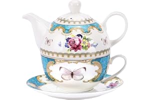 fanquare Servizio da Tè per Una Persona con Vintage Fiori di Rosa, Una Teiera con Tazza di Caffè e Piattino in Porcellana Turchese