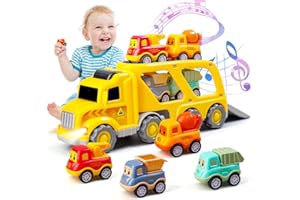 Daioller Camion Macchinine per Bambini, 5 in 1 Camion da Trasporto Inerziale con Suoni e Luci Lampeggianti, Giocattoli Bambino con 4 Auto da Tirare Indietro per Bambini Ragazze Ragazzi 2 3 4 5 Anni