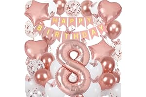 NELOTAOR 8th Birthday Decorations for Girls, Rose Gold 40 Inch Age 8 Foil Birthday Balloons with Happy Birthday Banner and Butterfly Stickers, for Baby Shower, Girls Women Birthday Party