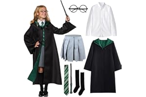 BIQIQI Costume di Wizard, Costume Mago Set Mantello da Mago con Uniforme Grifondoro, Bacchetta Magica, Cravatta, Occhiali, Costume Mago Bambini per Feste, Halloween, Carnevale
