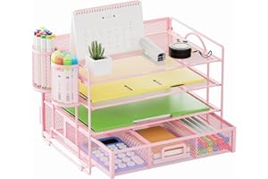 Marbrasse Vassoio Organizer da Scrivania,Vassoio per Lettere a 4 livelli con Cassetto,2 Portapenne,Organizer da Scrivania in Rete per Forniture per Casa e Ufficio (Rosa)