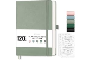 EMSHOI A5 Notebook Blank Journal - 120 GSM Hardcover Leather Sketch Book with Doodle Stencil, 160 Pages Unlined, Plain Art Sketchbook for Women Men Work School Drawing, 14.5 x 21cm - Light Green