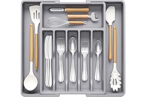 Lifewit Organizador Cuberteros para Cajón Cocina, Libre de BPA Bandeja Cubiertos Extensible, Separador Cubiertos Utensilios Cajón Almacenaje Cocina, Cajas para Cubertería, Gris, Tamaño XL