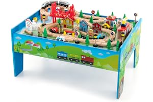 COSTWAY 80-delars järnvägsset för barn, lekbord av trä med vändbar och avtagbar bordsskiva, tåg, leksak för barn från 3 år (8