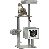 PawHut Cat Scratching Tree 126 cm with Platforms Hammock Cave Grey | Cat Tree, Climbing Tower, Bed, Sisal Posts, Balls, Washa