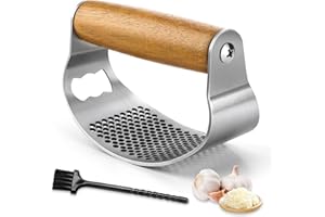 GlasFlength Presse Ail Inox Professionnel Ecraseur D'ail Avec Brosse Nettoyage Facile Manche en Bois