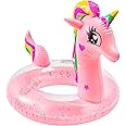 GROBRO7 Pink Unicorn Inflatable Pool Float with Glitters for Toddlers Summer Swimming Pool Ring Outdoor Water Lounge Raft Vinyl Swimming Floaty Pool Toy Beach Party Supplies for Kids, Age 3 to 8