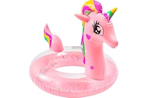 GROBRO7 Rosa Unicorn Aufblasbare Pool Float mit Glitzer für Kleinkinder Sommer Schwimmbad Ring Outdoor Wasser Lounge Floß Vinyl Swimming Floaty Spielzeug Strand Supplies für Kinder, Alter 3 bis 8