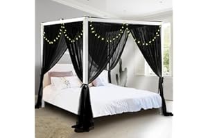 South to East Cortinas de cama con dosel negro, toldo de cama de 4 esquinas para niñas y adultos, cortinas de cama de lujo para decoración de dormitorio, 4 aberturas, 100% poliéster antidesgarros,