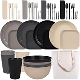MORAINJAY 45 Pieces Lightweight Camping Tableware for 4 People, Unbreakable Tableware Set with Plates, Bags, Cups and Cutlery